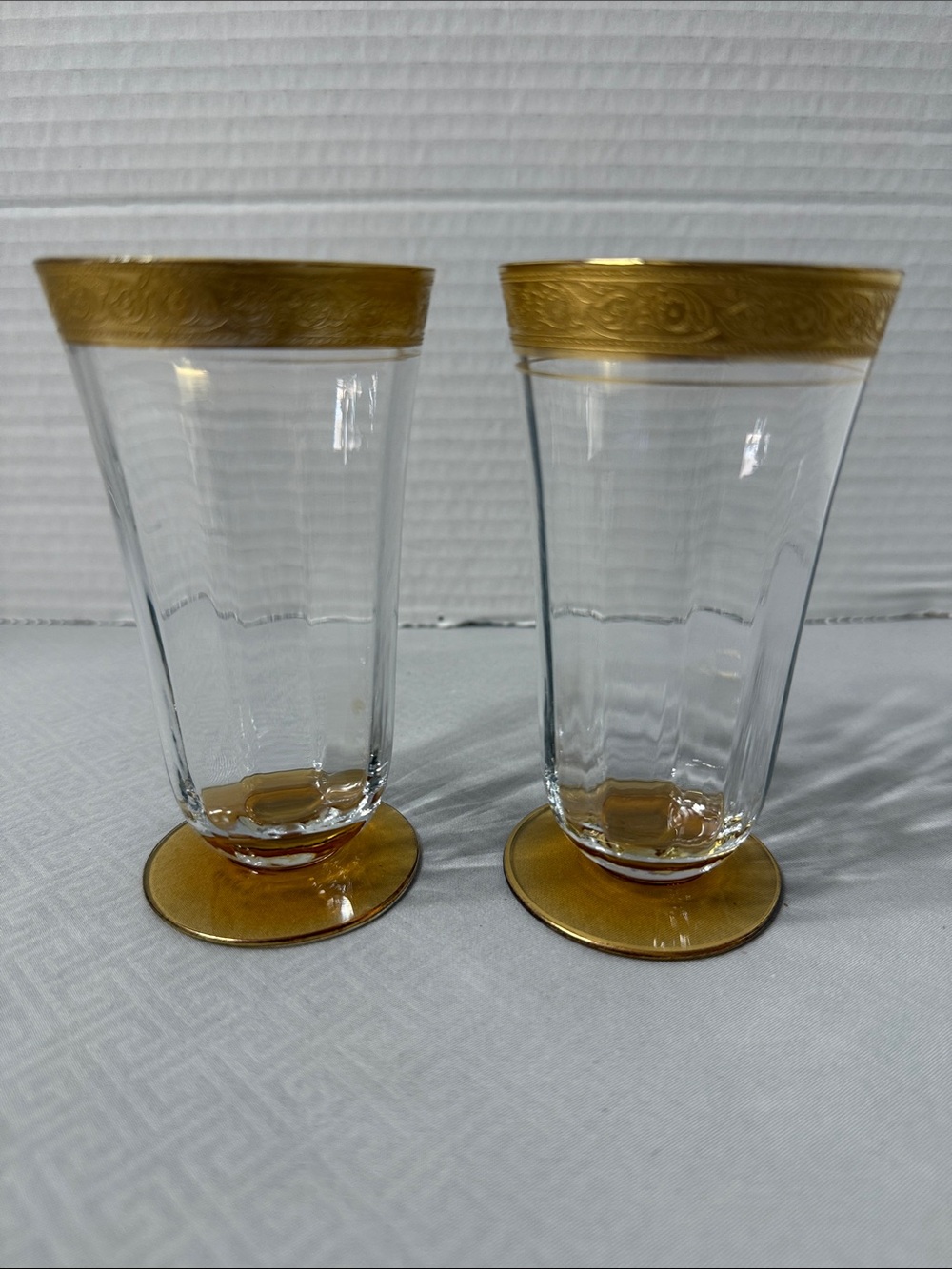 Vtg Tiffin Franciscan Minton Amber Footed Glasses Gold Rim Band Set of 2 4.5”